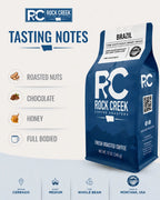 Rock Creek Coffee Roasters Brazil coffee bag shown in a tasting notes graphic highlighting roasted nuts, chocolate, honey, and full-bodied flavor notes.