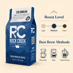 Rock Creek Coffee Roasters Colombian coffee bag with roast level graphic highlighting medium roast and brew method icons for pour over, drip, and French press.