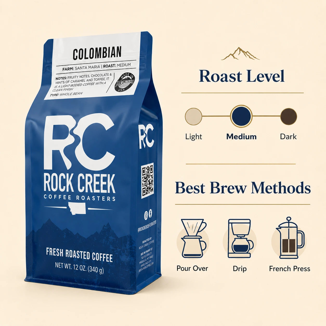 Rock Creek Coffee Roasters Colombian coffee bag with roast level graphic highlighting medium roast and brew method icons for pour over, drip, and French press.