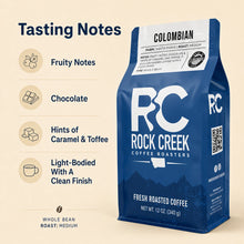 Load image into Gallery viewer, Rock Creek Coffee Roasters Colombian coffee bag with tasting notes graphic showing fruity notes, chocolate, hints of caramel and toffee, and a light-bodied clean finish.
