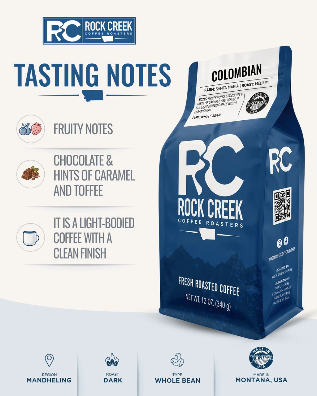 Rock Creek Coffee Roasters Colombian coffee bag with tasting notes graphic showing fruity notes, chocolate, hints of caramel and toffee, and a light-bodied clean finish.
