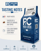 Rock Creek Coffee Roasters Colombian coffee bag with tasting notes graphic showing fruity notes, chocolate, hints of caramel and toffee, and a light-bodied clean finish.
