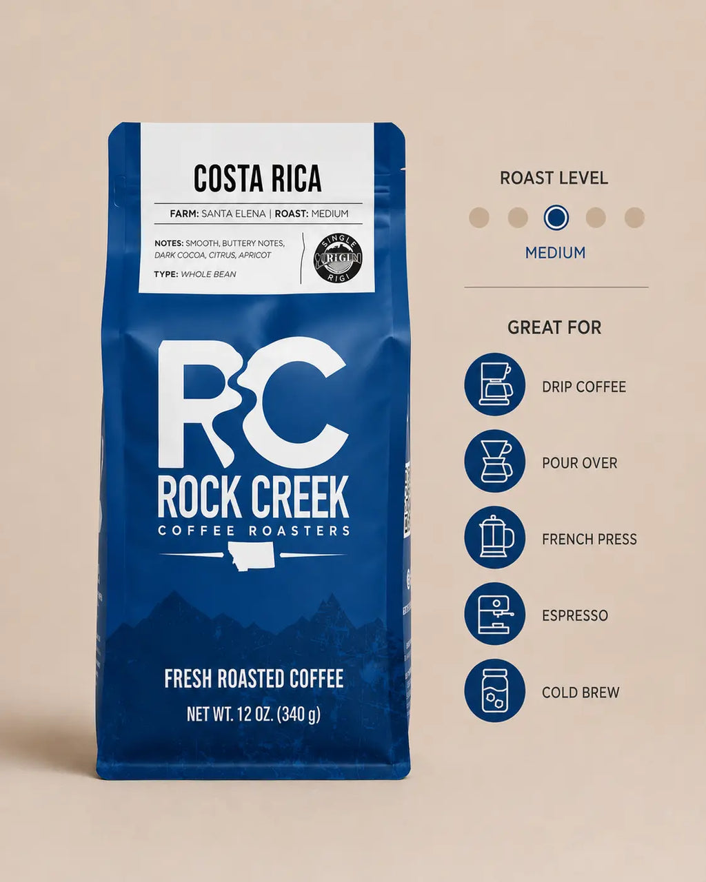 Rock Creek Coffee Roasters Costa Rica whole bean coffee bag with a medium roast level indicator and brew method icons for drip coffee, pour over, French press, espresso, and cold brew.