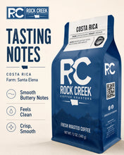Load image into Gallery viewer, Rock Creek Coffee Roasters Costa Rica coffee bag displayed beside a clean tasting notes graphic highlighting Smooth Buttery Notes, Feels Clean, and Crisp, Smooth, with warm neutral background and premium product-page styling.