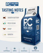 Rock Creek Coffee Roasters Costa Rica coffee bag displayed beside a clean tasting notes graphic highlighting Smooth Buttery Notes, Feels Clean, and Crisp, Smooth, with warm neutral background and premium product-page styling.