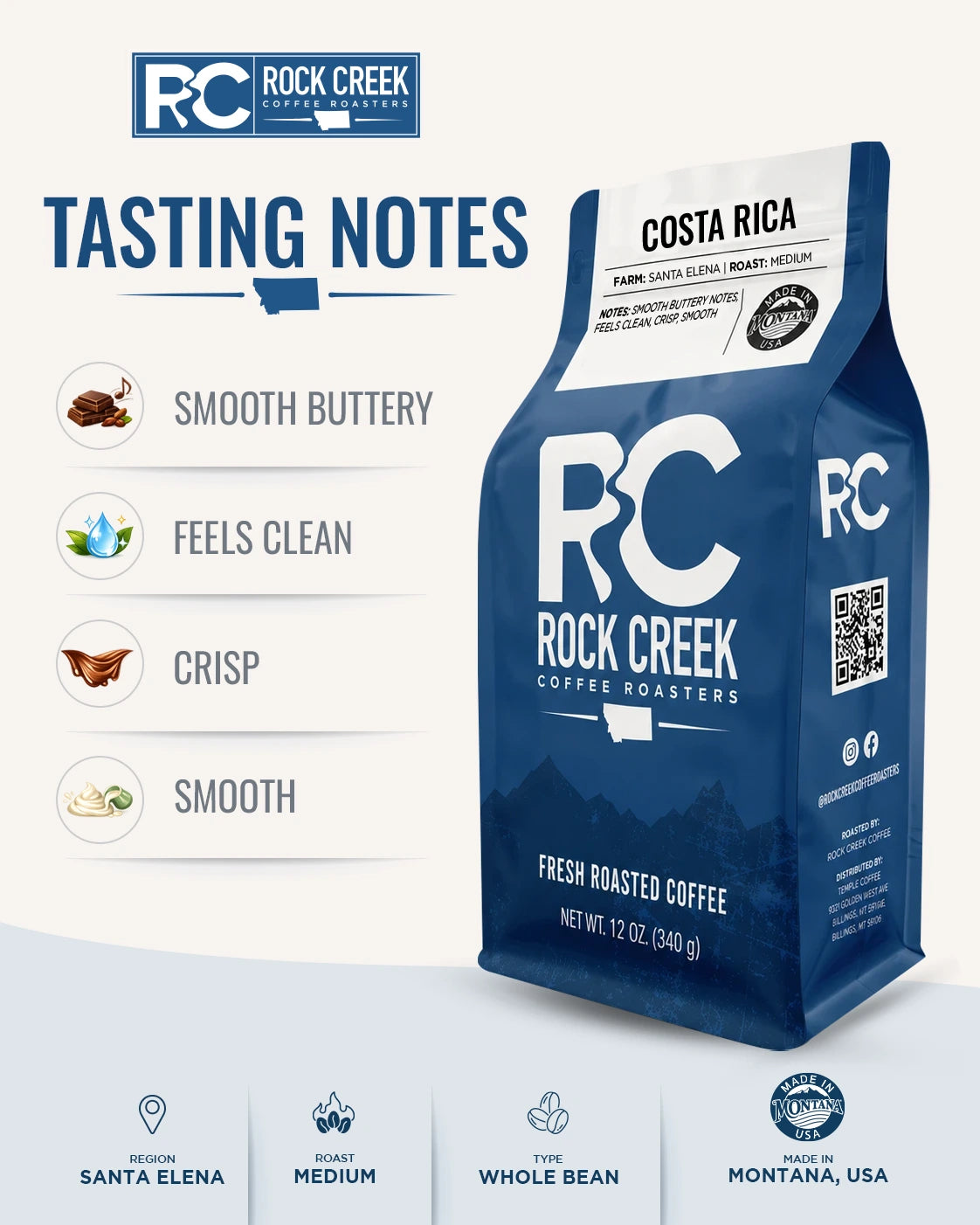 Rock Creek Coffee Roasters Costa Rica coffee bag displayed beside a clean tasting notes graphic highlighting Smooth Buttery Notes, Feels Clean, and Crisp, Smooth, with warm neutral background and premium product-page styling.