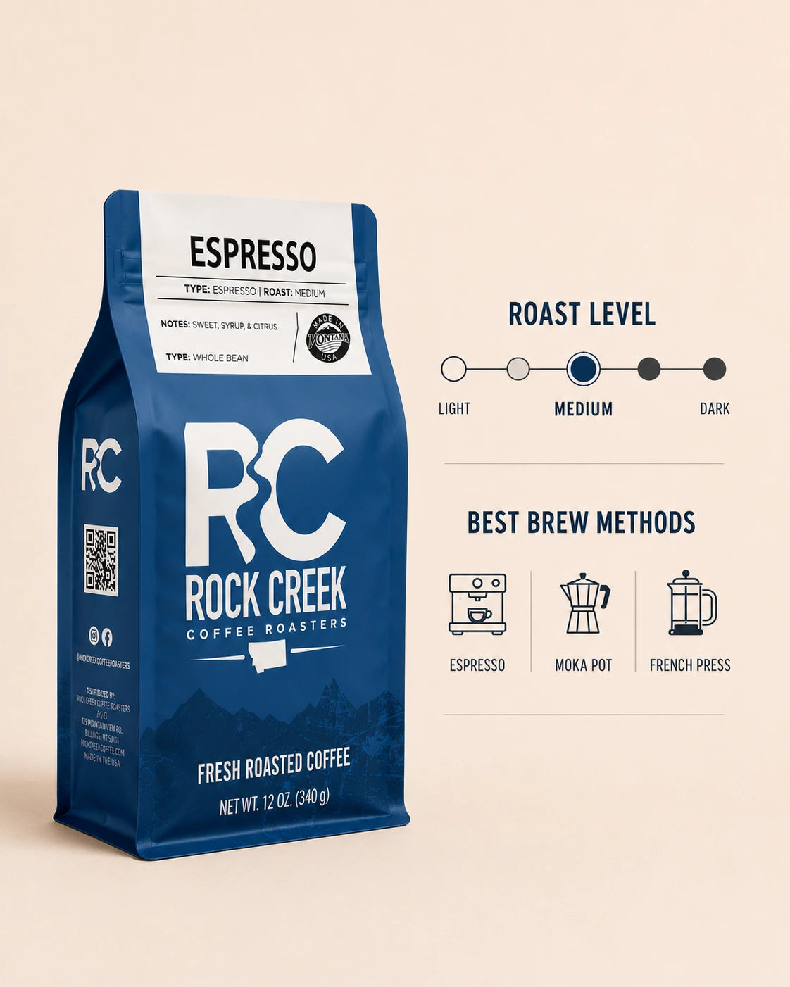 Rock Creek Coffee Roasters Espresso coffee bag with roast level graphic showing medium roast and brew method icons for espresso, moka pot, and French press.