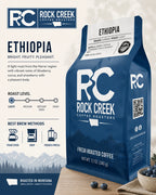 Rock Creek Coffee Roasters Ethiopia coffee bag with light roast level scale and recommended brew methods including pour over, drip, and French press.