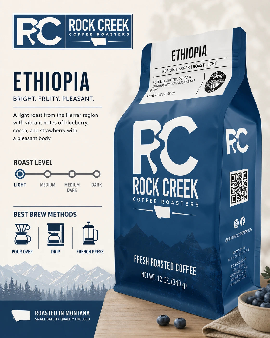 Rock Creek Coffee Roasters Ethiopia coffee bag with light roast level scale and recommended brew methods including pour over, drip, and French press.