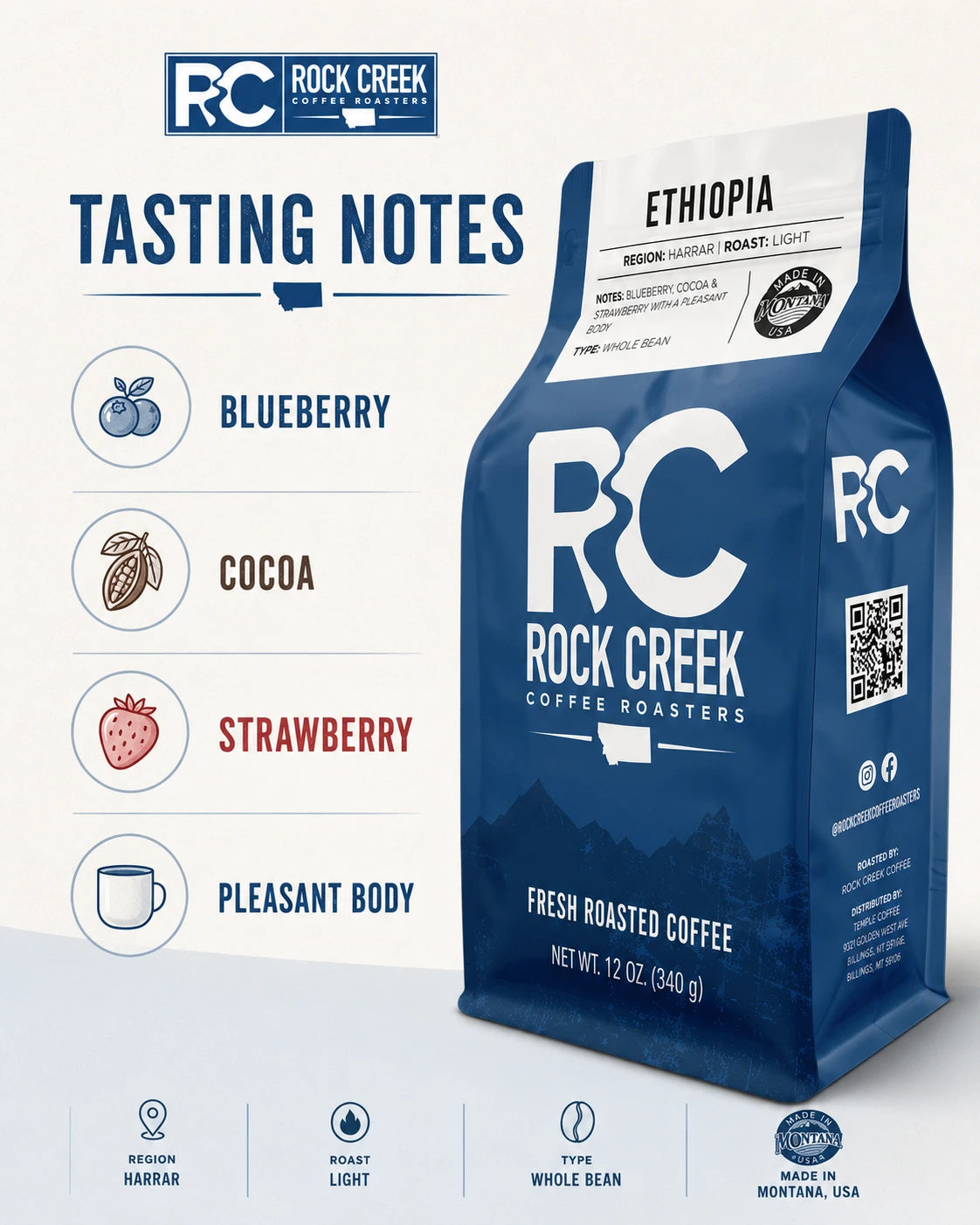 Rock Creek Coffee Roasters Ethiopia coffee bag with tasting notes for blueberry, cocoa, strawberry, and pleasant body.