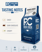 Rock Creek Coffee Roasters French Roast coffee bag on a warm beige background with a “Tasting Notes” graphic highlighting sweet, syrupy, and dark chocolate notes, plus dark roast and whole bean details.