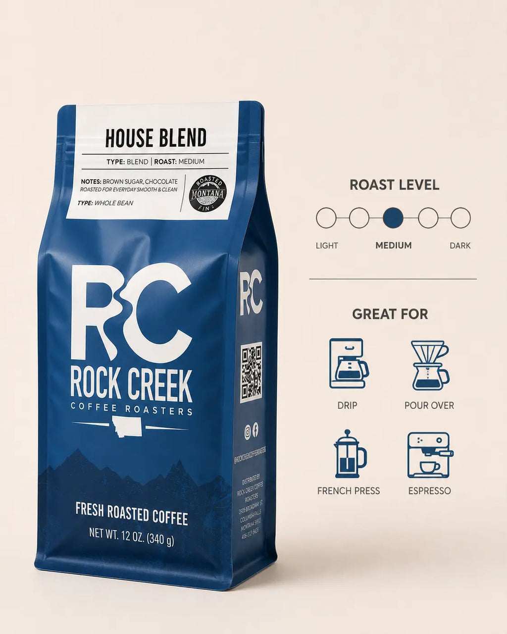 Rock Creek Coffee Roasters House Blend coffee bag shown with a medium roast level graphic and brew method icons for drip, pour over, French press, and espresso.