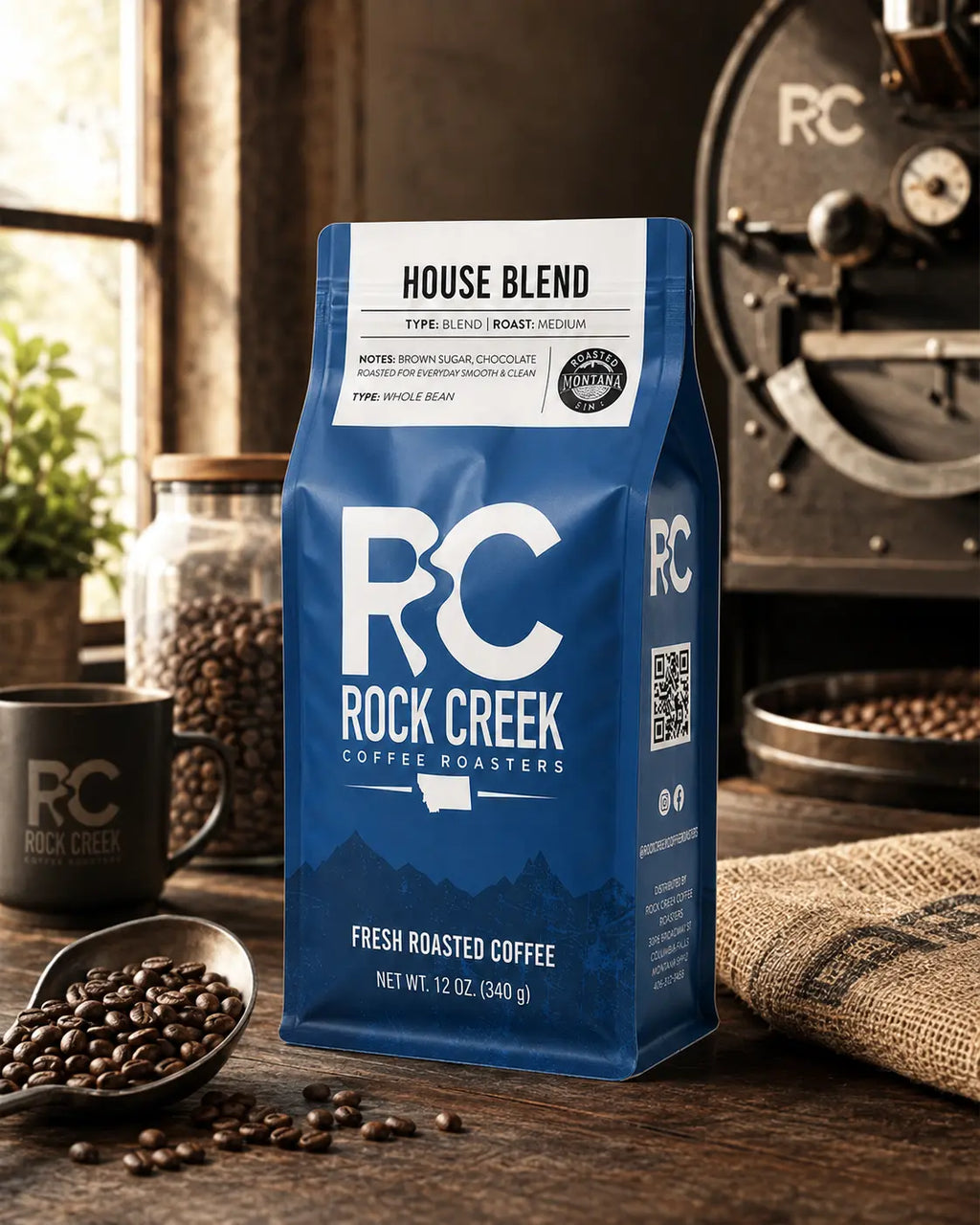 Rock Creek Coffee Roasters House Blend coffee bag in a warm roastery setting with roasted beans, a scoop, coffee gear, and soft morning light.