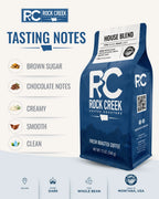 Rock Creek Coffee Roasters House Blend coffee bag centered on a warm neutral background with a “Tasting Notes” header and callouts for brown sugar, chocolate, creamy, and smooth clean finish.