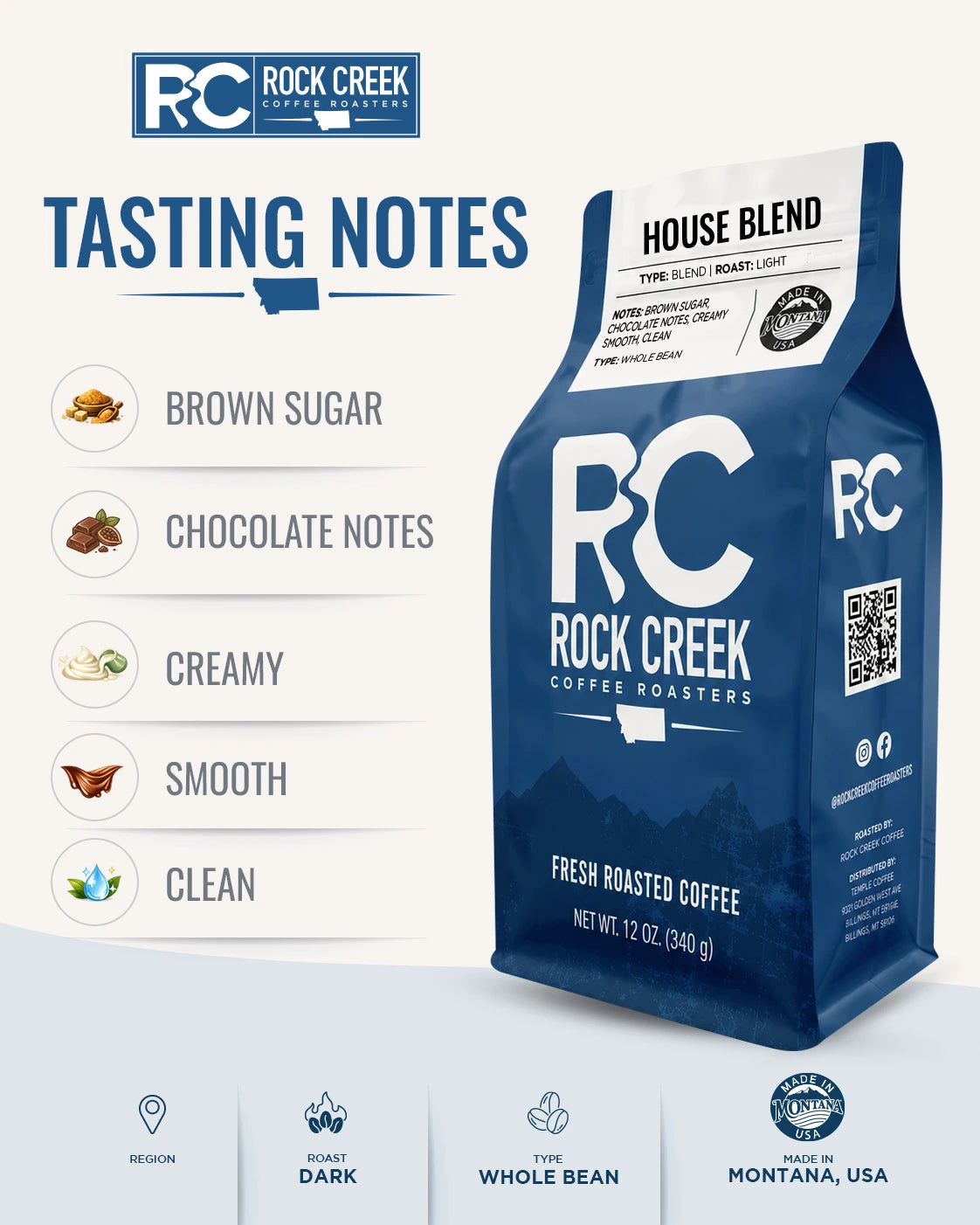 Rock Creek Coffee Roasters House Blend coffee bag centered on a warm neutral background with a “Tasting Notes” header and callouts for brown sugar, chocolate, creamy, and smooth clean finish.