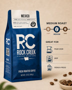 Rock Creek Coffee Roasters Mexico coffee bag shown with a medium roast level marker and brew method icons for pour over, drip, and French press.