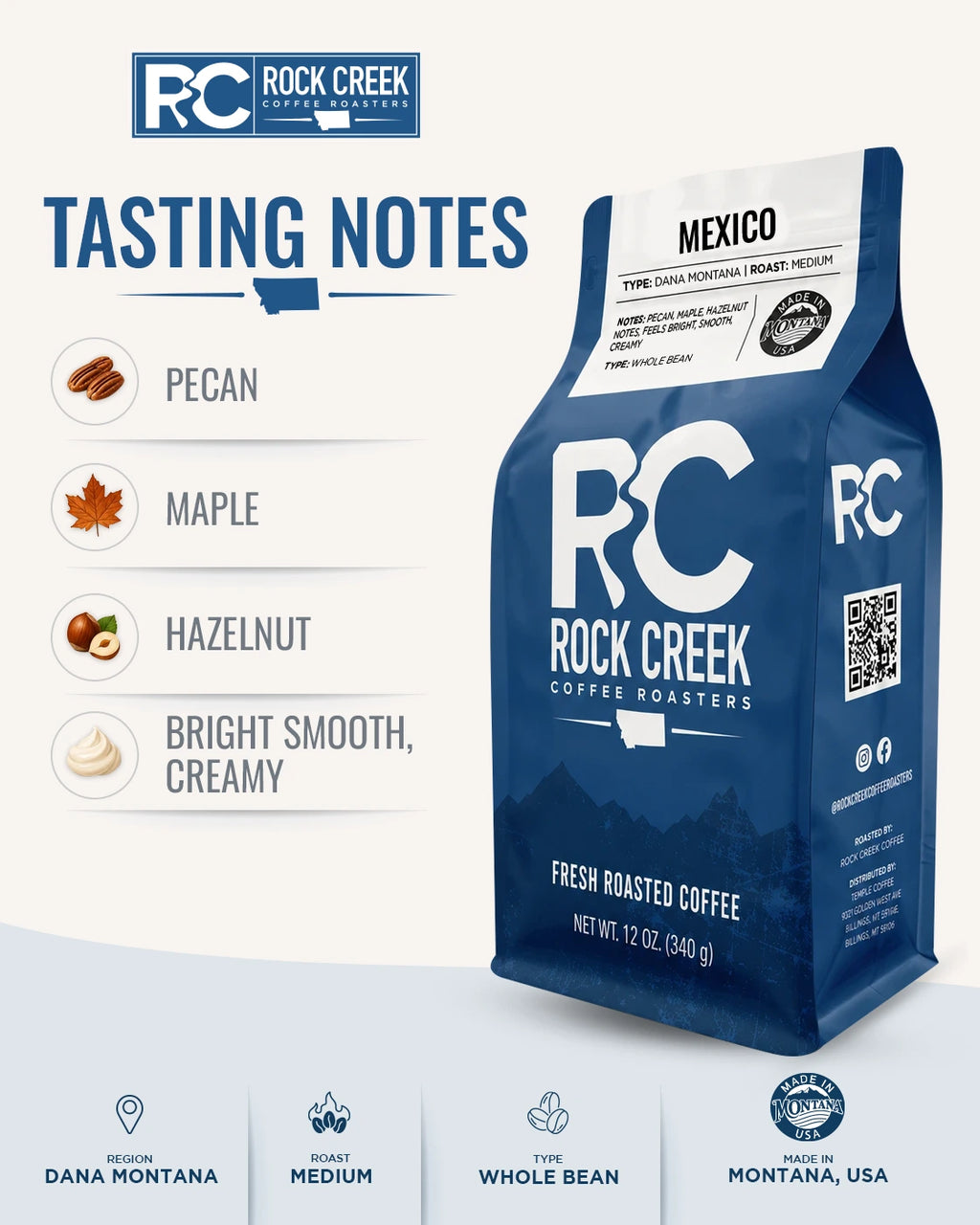Rock Creek Coffee Roasters Mexico coffee bag shown with a clean tasting notes graphic highlighting pecan, maple, hazelnut, and bright, smooth, creamy flavor notes.