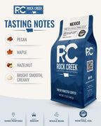 Rock Creek Coffee Roasters Mexico coffee bag shown with a clean tasting notes graphic highlighting pecan, maple, hazelnut, and bright, smooth, creamy flavor notes.