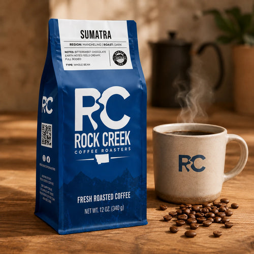 Rock Creek Coffee Roasters Sumatra coffee bag beside a steaming RC-branded mug and roasted coffee beans on a warm wooden tabletop.
