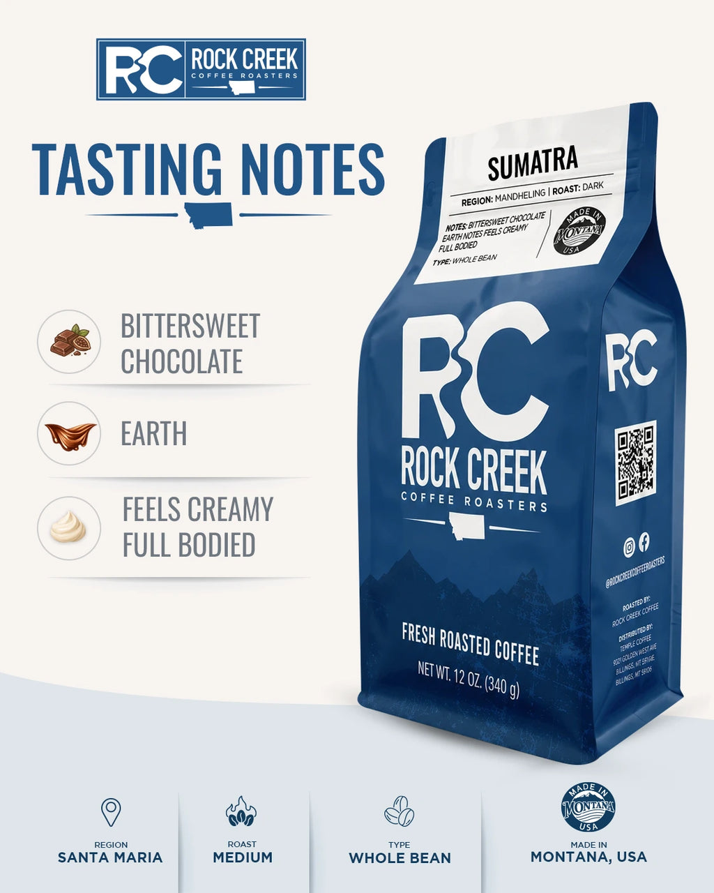 Rock Creek Coffee Roasters Sumatra dark roast coffee bag centered on a warm beige tasting notes graphic, with callouts for bittersweet chocolate, earth notes, and a creamy full-bodied profile, plus product details for Mandheling region, dark roast, and whole bean coffee.