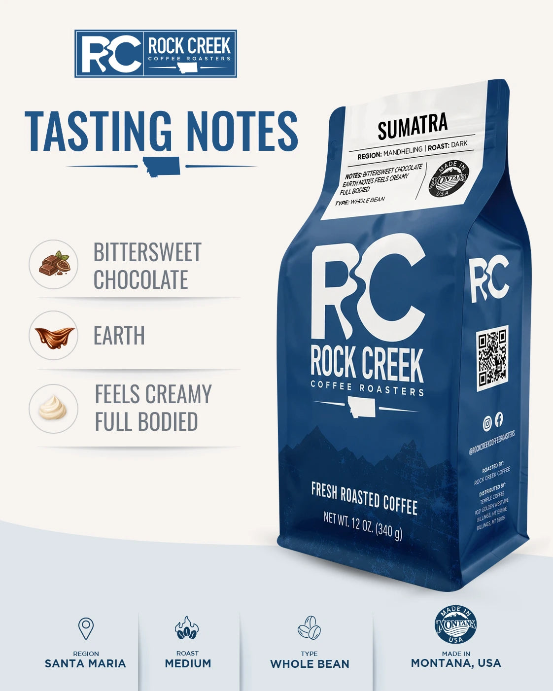 Rock Creek Coffee Roasters Sumatra dark roast coffee bag centered on a warm beige tasting notes graphic, with callouts for bittersweet chocolate, earth notes, and a creamy full-bodied profile, plus product details for Mandheling region, dark roast, and whole bean coffee.