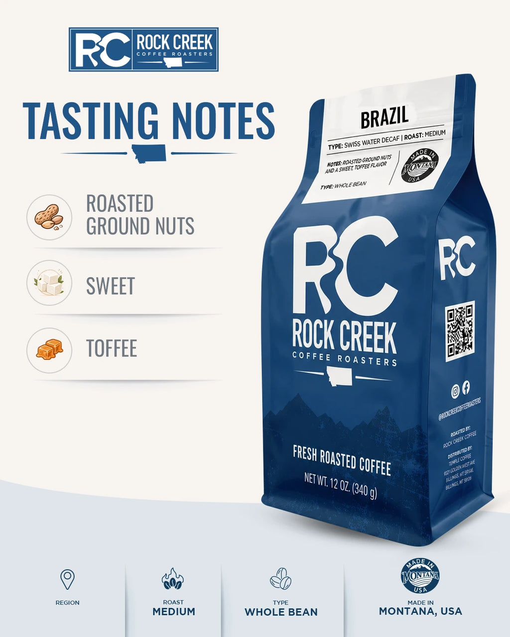Rock Creek Coffee Roasters Brazil coffee bag displayed on a warm wooden surface with a Tasting Notes graphic highlighting roasted ground nuts, sweet, and toffee flavor notes.