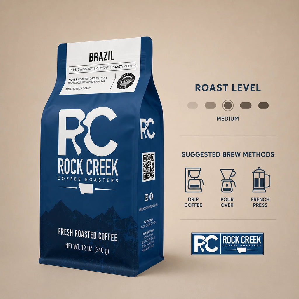 Rock Creek Coffee Roasters Brazil coffee bag shown with a medium roast level indicator and suggested brew method icons for drip coffee, pour over, and French press.