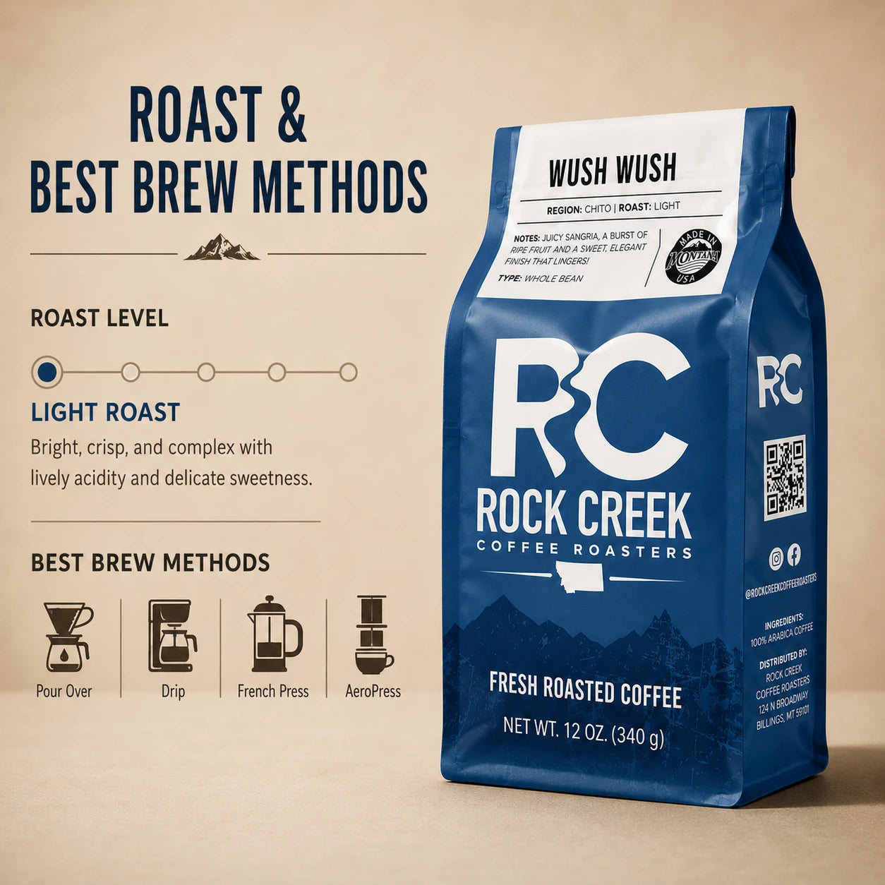 Roast and brew method graphic for Rock Creek Coffee Roasters Wush Wush light roast coffee with pour over, drip, French press, and AeroPress icons.