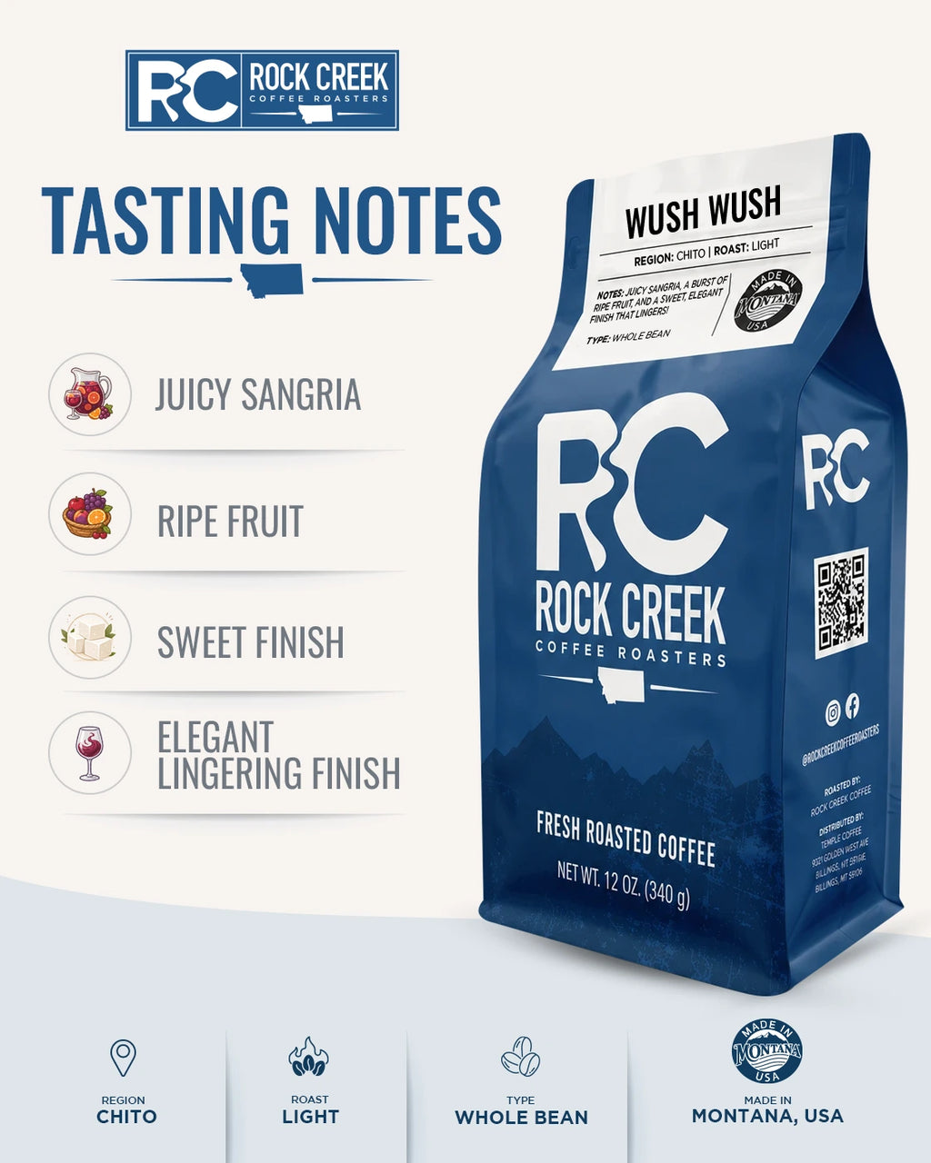 Tasting notes graphic for Rock Creek Coffee Roasters Wush Wush coffee, featuring the blue coffee bag with notes for juicy sangria, ripe fruit, sweet finish, and elegant lingering finish.
