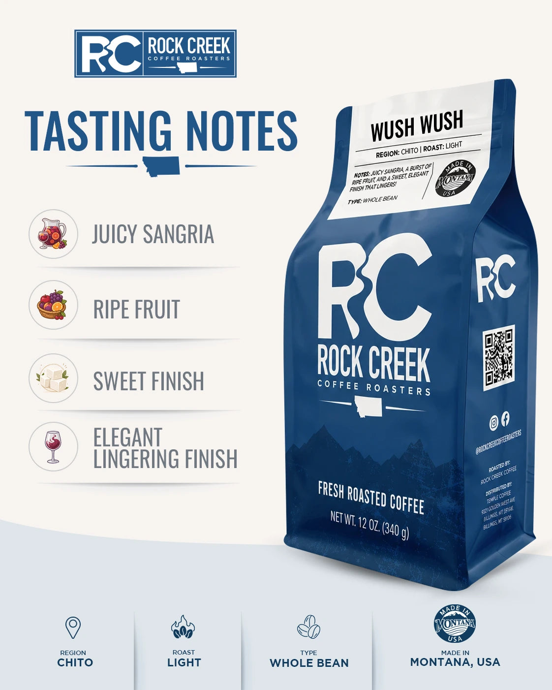Tasting notes graphic for Rock Creek Coffee Roasters Wush Wush coffee, featuring the blue coffee bag with notes for juicy sangria, ripe fruit, sweet finish, and elegant lingering finish.