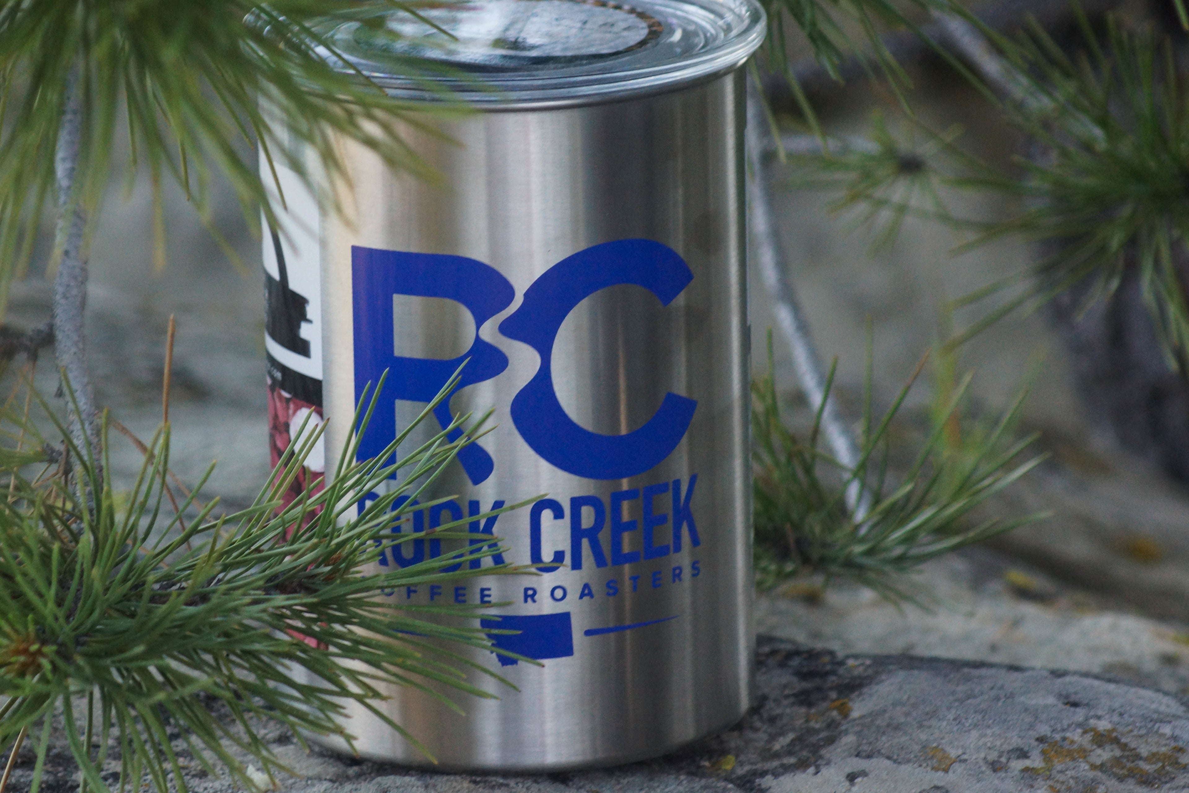 White Rock Creek Coffee Roasters branded metal coffee can with a bold blue RC Rock Creek Coffee Roasters logo visible on the side, surrounded by green pine branches and resting on a stone surface outdoors.